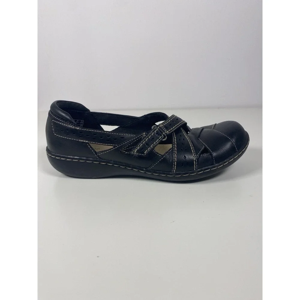 Clarks Ashland Spin Q Womens Size 8.5M Black Tan Leather Loafer Mary‎ Jane Shoes